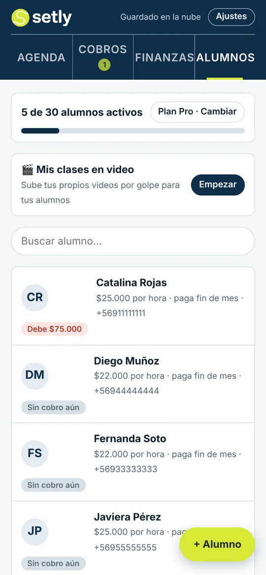 Lista de alumnos en Setly con su valor por hora y lo que debe cada uno
