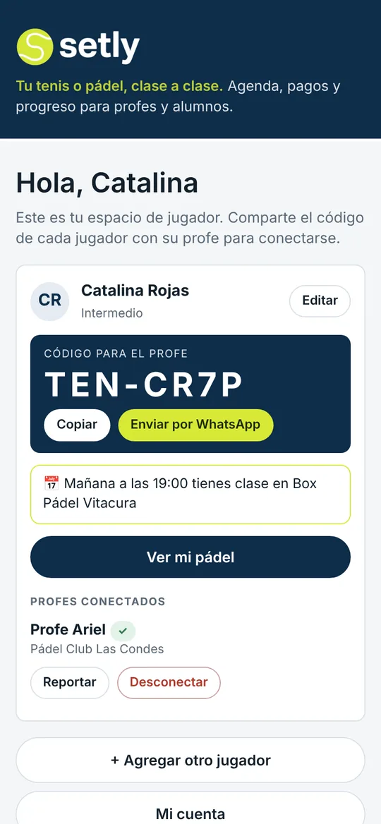 Espacio del jugador en Setly con el código para compartir con el profe