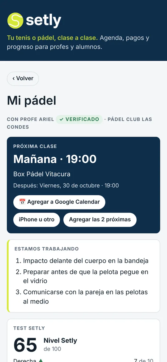 Mi pádel: próxima clase, botón para agregar al calendario y lo que están trabajando