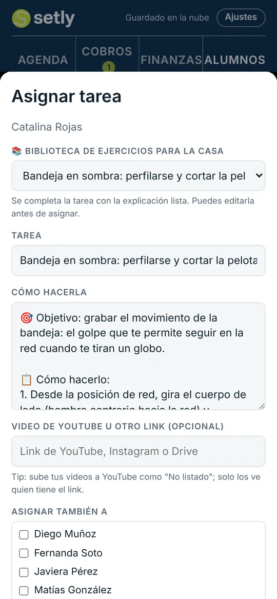 Asignar tarea desde la biblioteca de ejercicios, con explicación y link a video